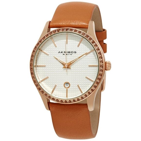 NWT Authentic Akribos Xxiv Silver Dial Tangerine Leather Women's Watch - Picture 1 of 3